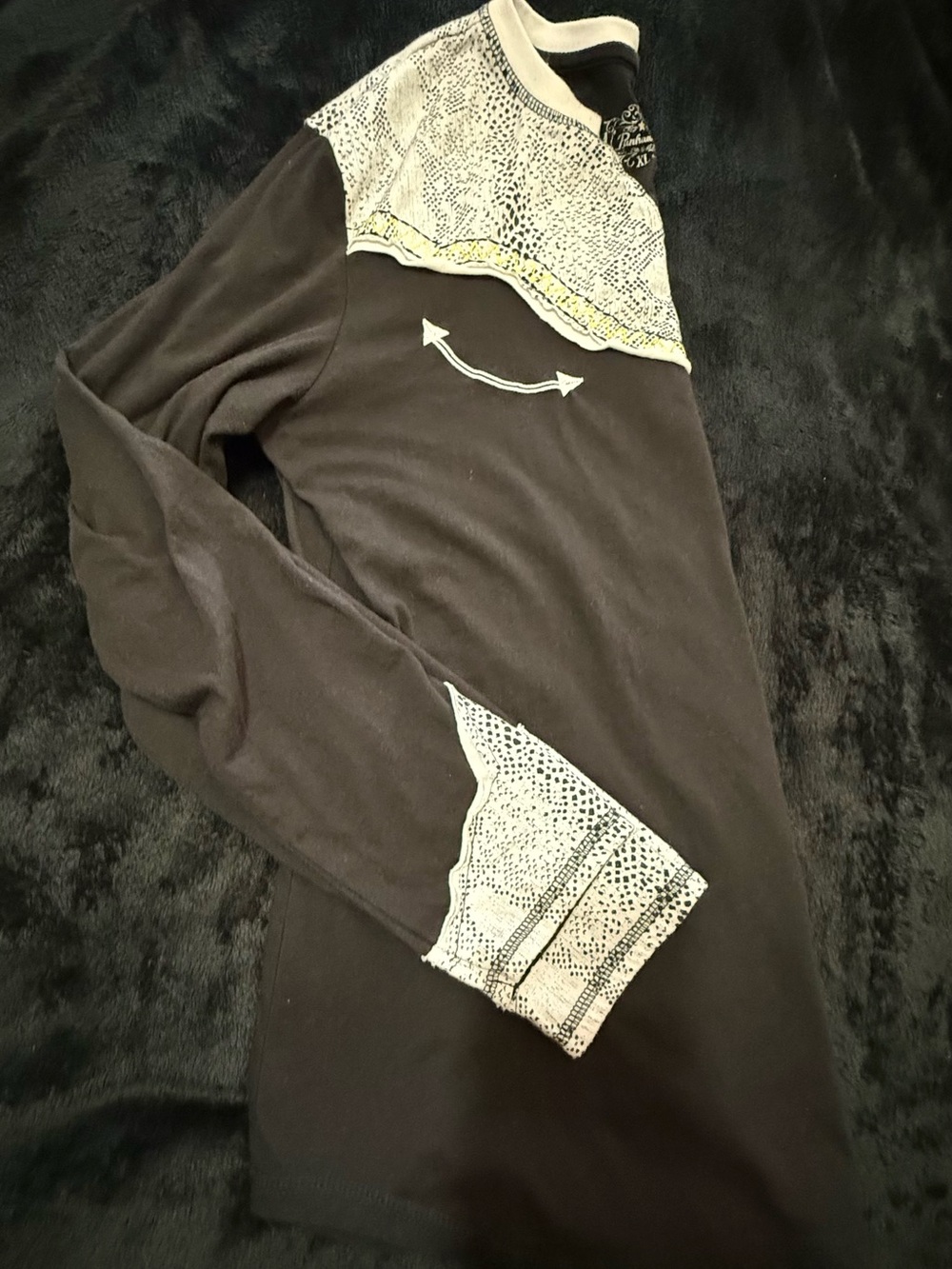 Womens Black Long-Sleeve Blouse with White Lace Yoke - Picture 5 of 5